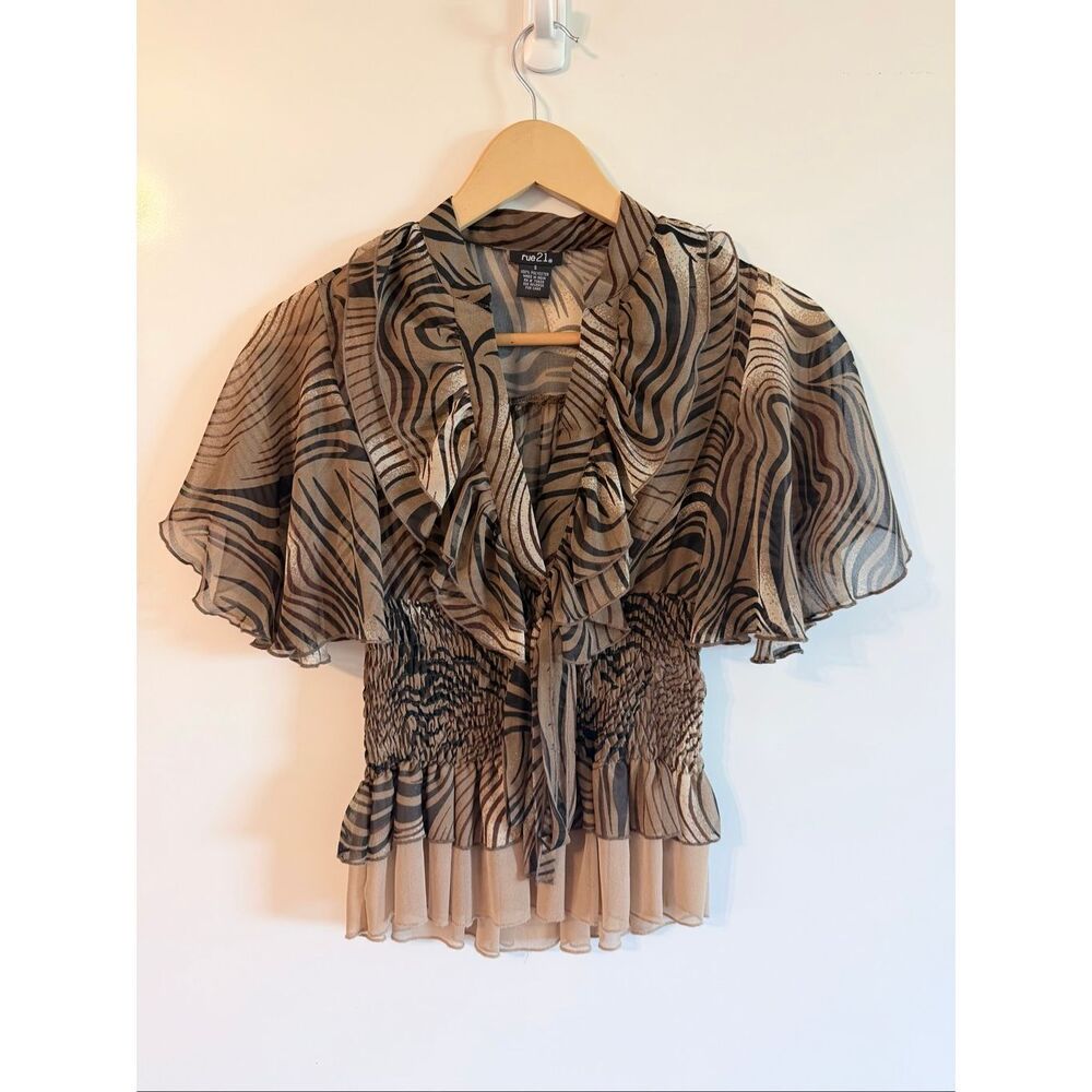 Rue21 S Zebra Sheer‎ Smocked Flutter Sleeve Top